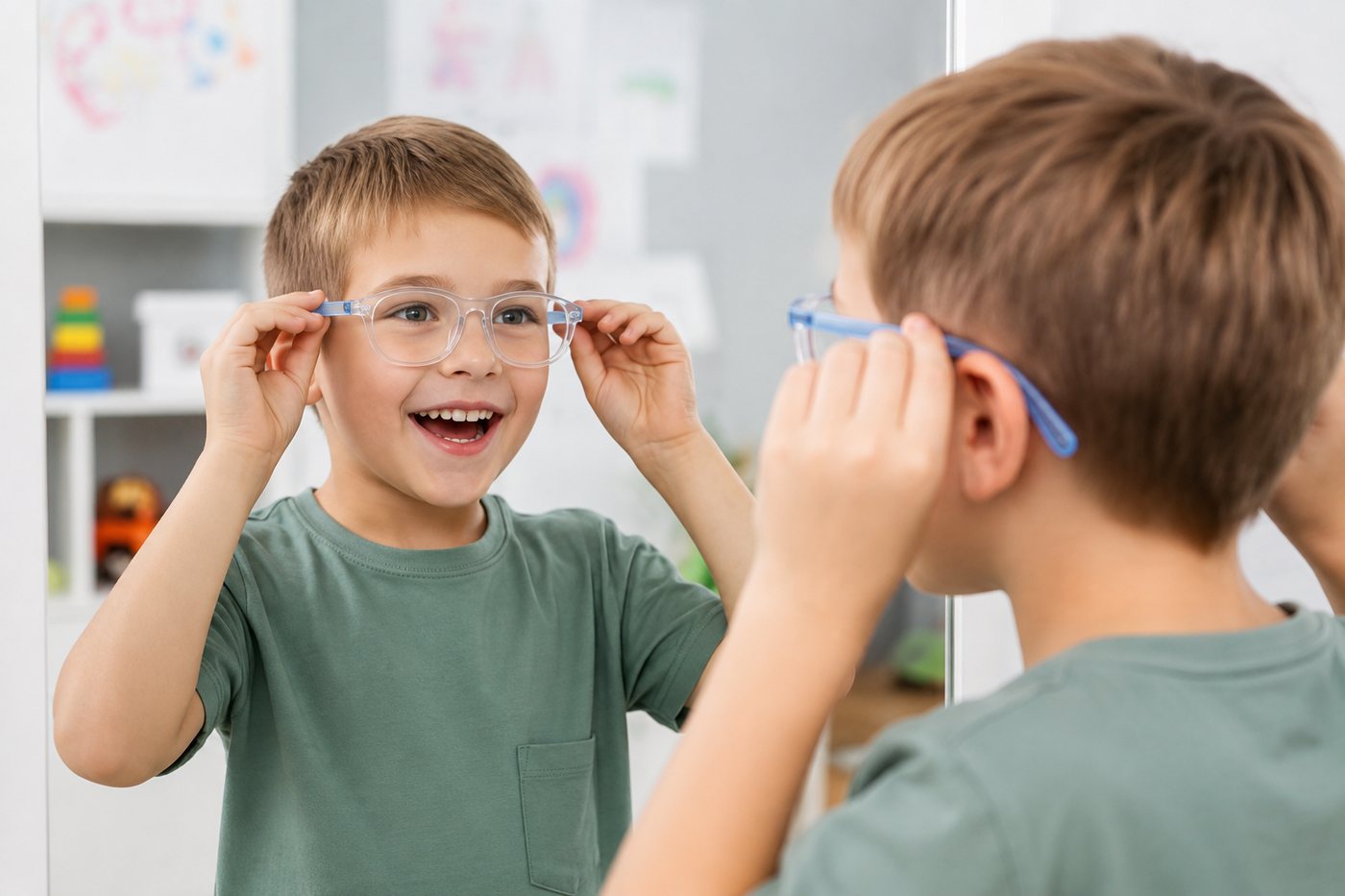 A smiling boy trying on a new pair of spectacles in front of a mirror
