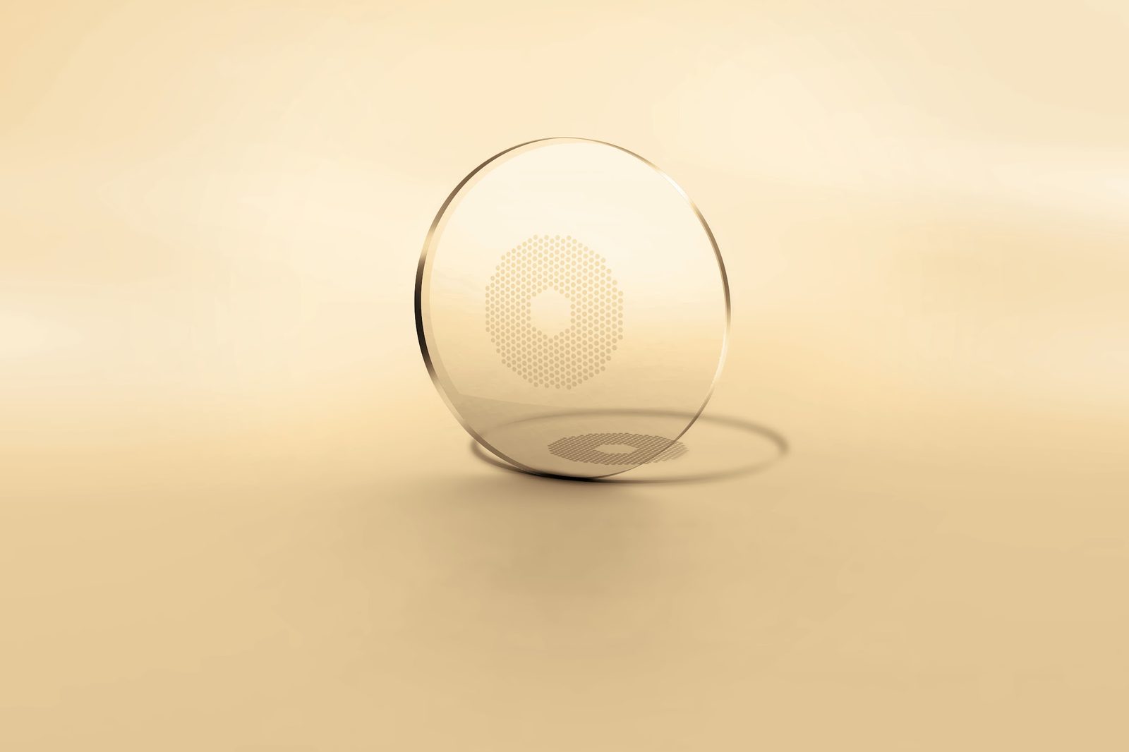 A MiYOSMART spectacle lens photographed on a warm sand-coloured background