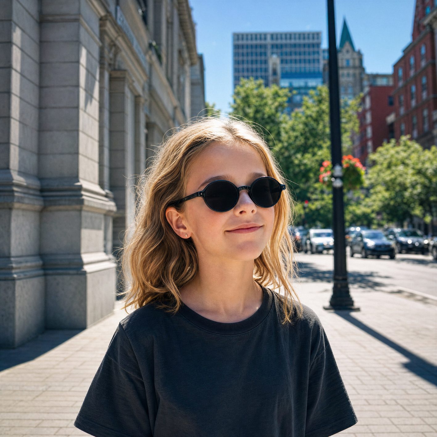 A girl on a sunlit city street, her MiYOSMART iQ Chameleon lenses darkened in the bright light