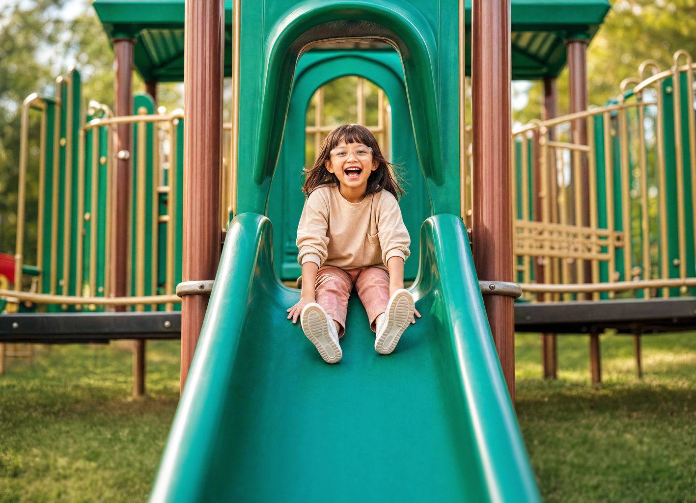 A girl in MiYOSMART iQ spectacles laughing as she comes down a playground slide