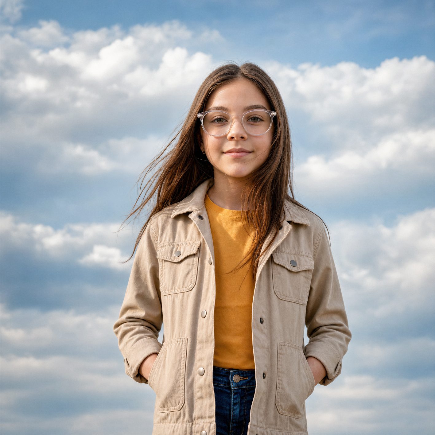 A girl wearing MiYOSMART iQ spectacles with amber frames