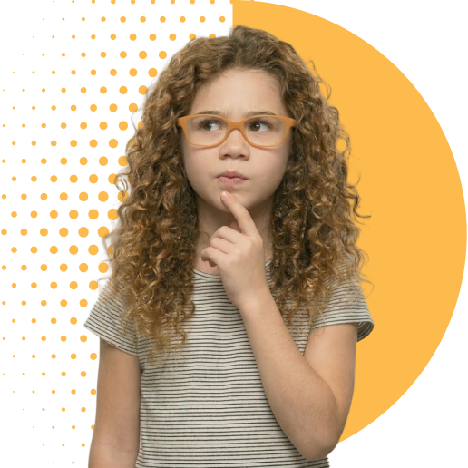 A girl with curly hair in amber-framed spectacles, looking up thoughtfully