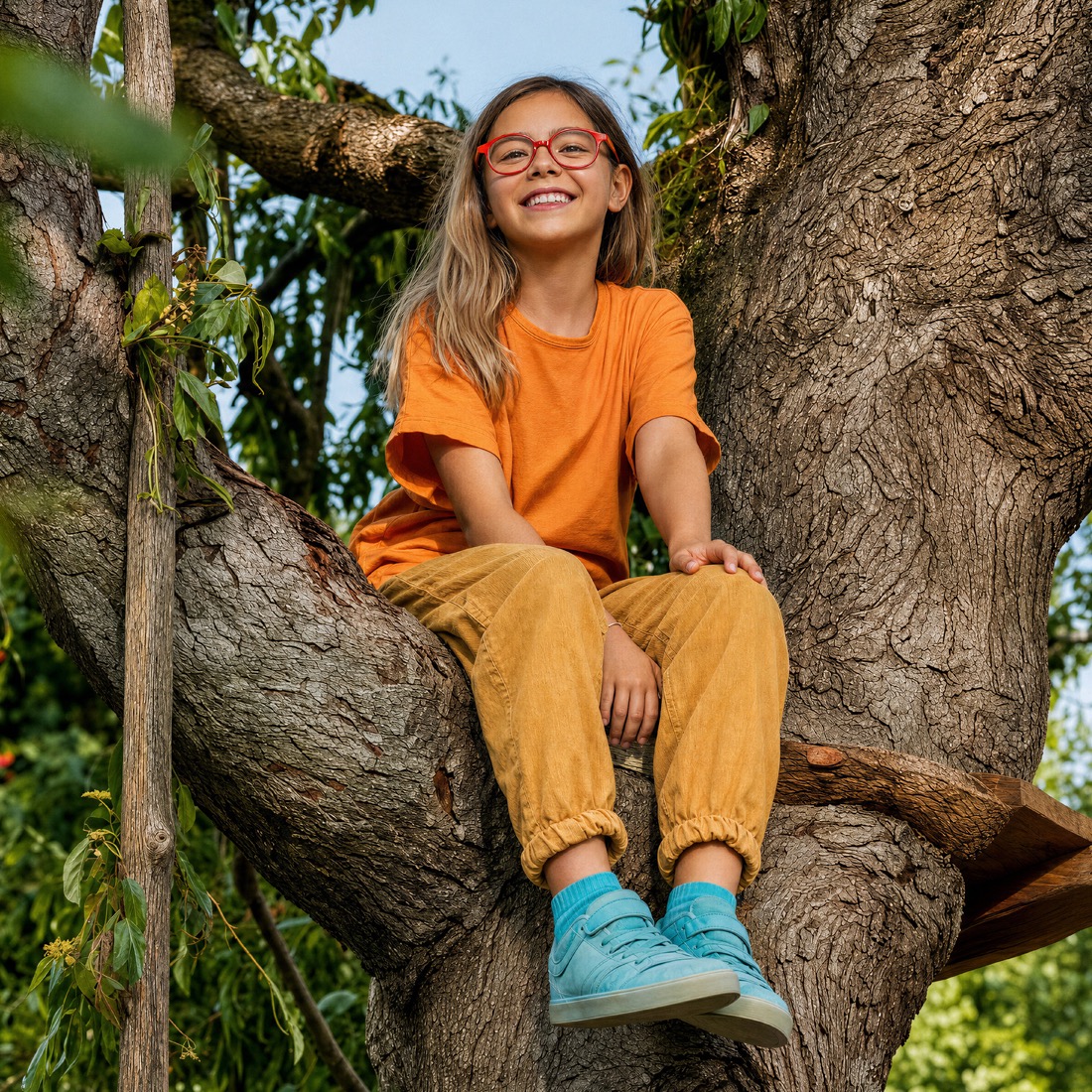 A girl in red MiYOSMART iQ spectacles sitting in the branches of a tree, smiling