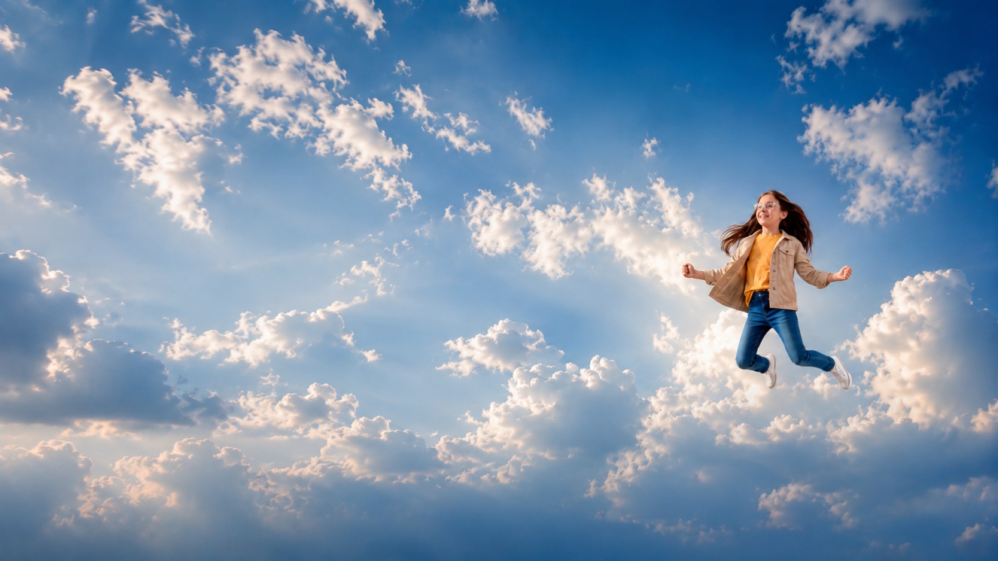 A girl in spectacles leaping joyfully high among sunlit clouds