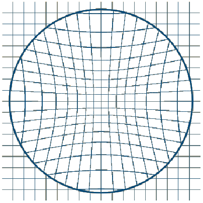 The same grid viewed through a regular lens: the lines bend and bow towards the
                  centre of the lens